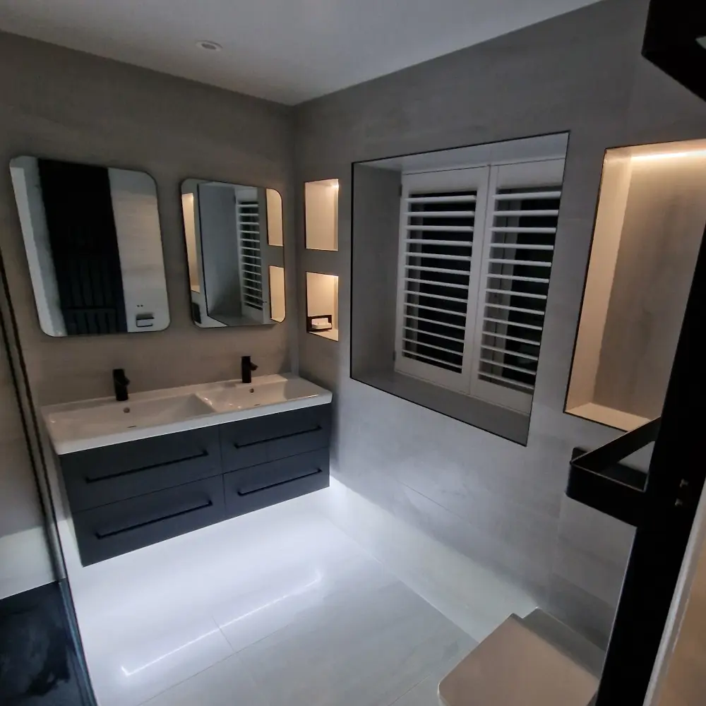 Yarm Contemporary Bathroom in Yarm — after completion. Services: Bathroom Refurbishment, Tiling, Lighting.