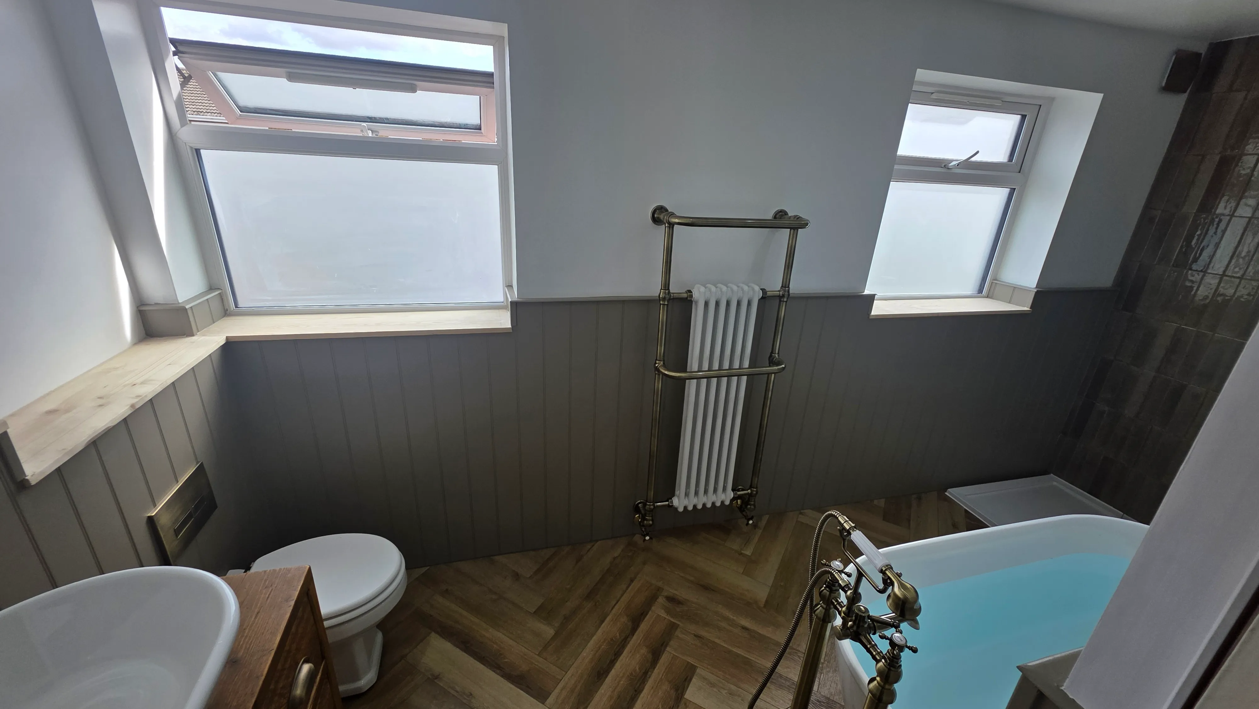 Bathroom Refurbishment Thornaby with Four-Piece Suite in Thornaby — after completion. Services: Bathroom Refurbishment, Bathroom Installation, Bathtub Installation, Shower Installation, Plumbing, Lighting, Flooring, Bathroom Tiling.