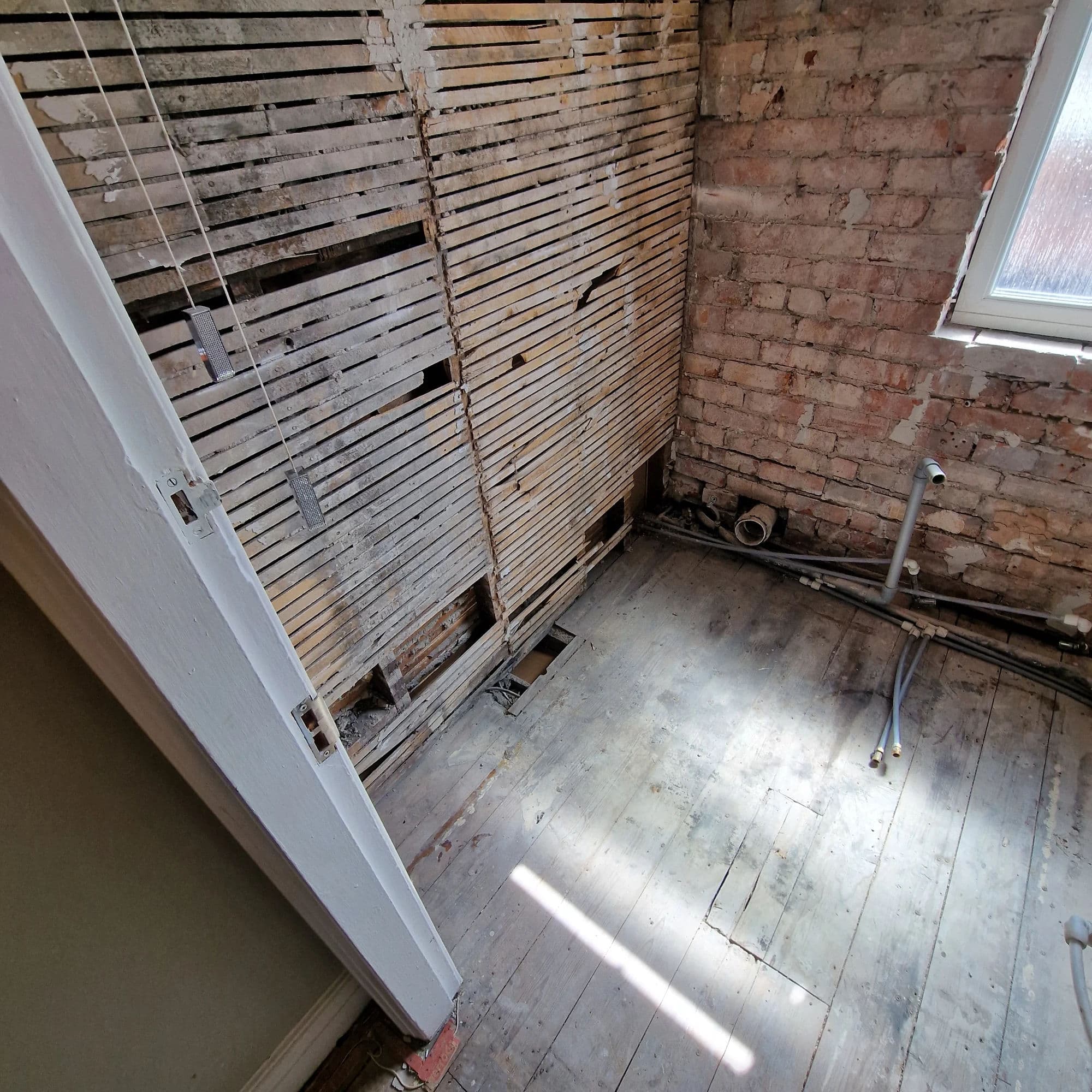Eaglescliffe Premium Bathroom Installation and Refurbishment with Large Walk-In Shower in Eaglescliffe — before work began. Services: Bathroom Installation, Bathroom Tiling, Flooring, Plumbing, Lighting, Shower Installation, Shower Room, Bathroom Renovation, Bathroom Refurbishment.