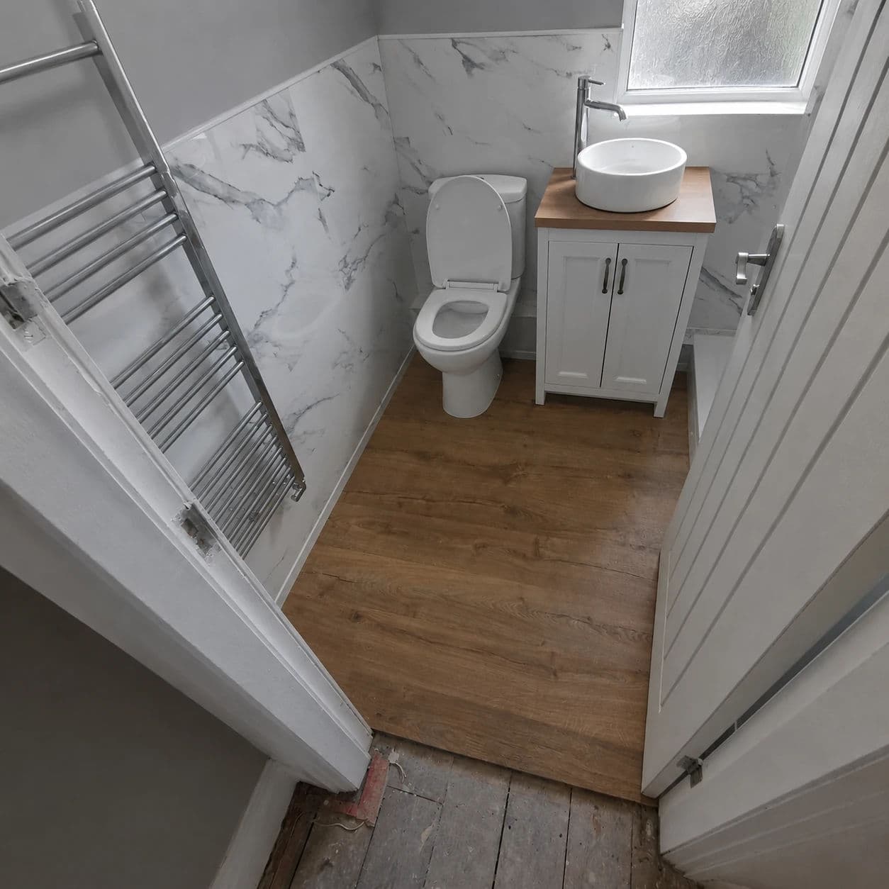 Eaglescliffe Premium Bathroom Installation and Refurbishment with Large Walk-In Shower in Eaglescliffe — after completion. Services: Bathroom Installation, Bathroom Tiling, Flooring, Plumbing, Lighting, Shower Installation, Shower Room, Bathroom Renovation, Bathroom Refurbishment.