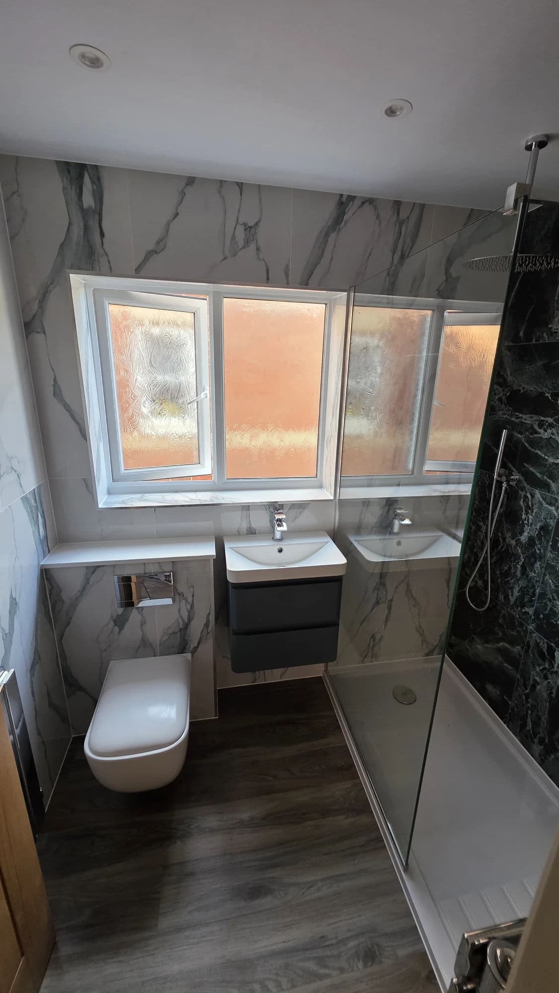 Hartlepool Bathroom Installation and Refurbishment with Walk-In Shower in Hartlepool — after completion. Services: Bathroom Installation, Bathroom Renovation, Shower Room, Shower Installation, Plumbing, Lighting, Flooring, Bathroom Tiling, Bathroom Refurbishment.