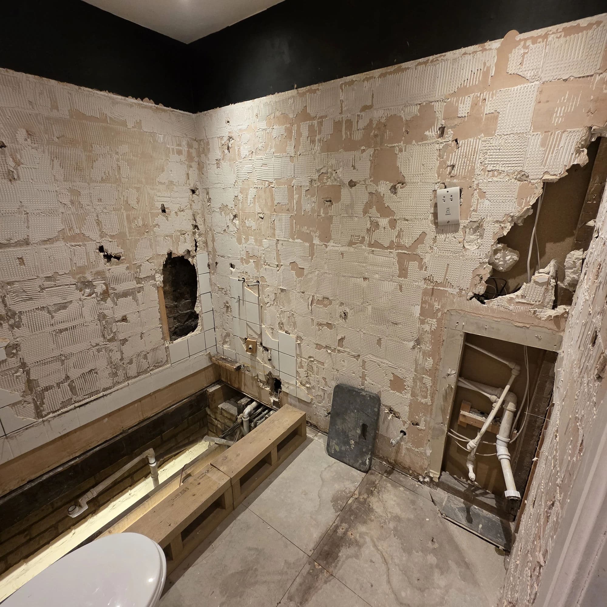 Stockton-on-Tees Bathroom Installation and Refurbishment with Structural Floor Rebuild in Stockton-on-Tees — before work began. Services: Bathroom Installation, Bathroom Tiling, Bathtub Installation, Flooring, Plumbing, Lighting, Shower Installation, Bathroom Renovation, Bathroom Refurbishment.