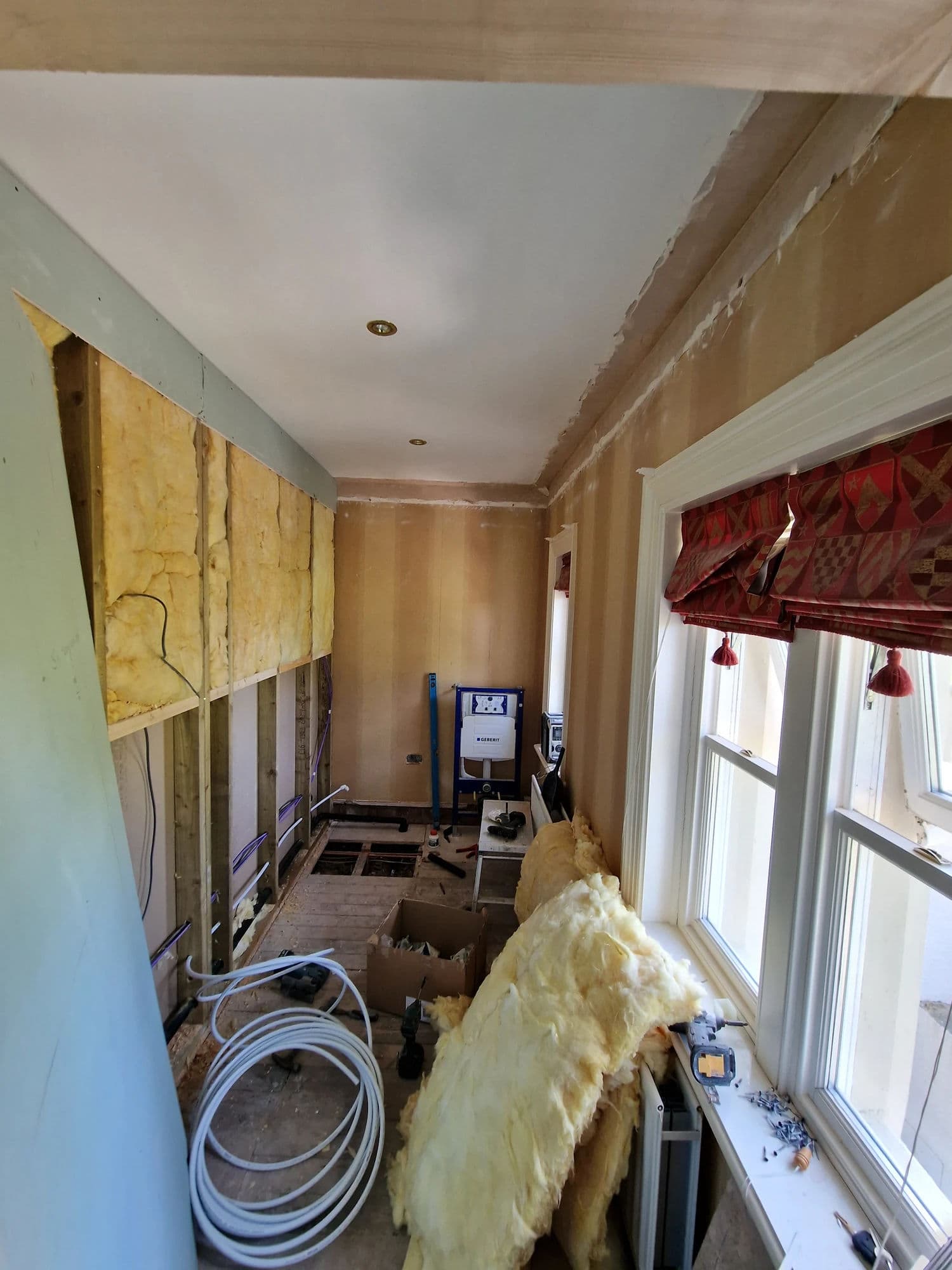 Thornaby High-Specification Bathroom Installation with Walk-In Shower and Large-Format Marble-Effect Tiles in Thornaby — before work began. Services: Bathroom Installation, Shower Installation, Plumbing, Lighting, Flooring, Bathroom Tiling, Shower Room.