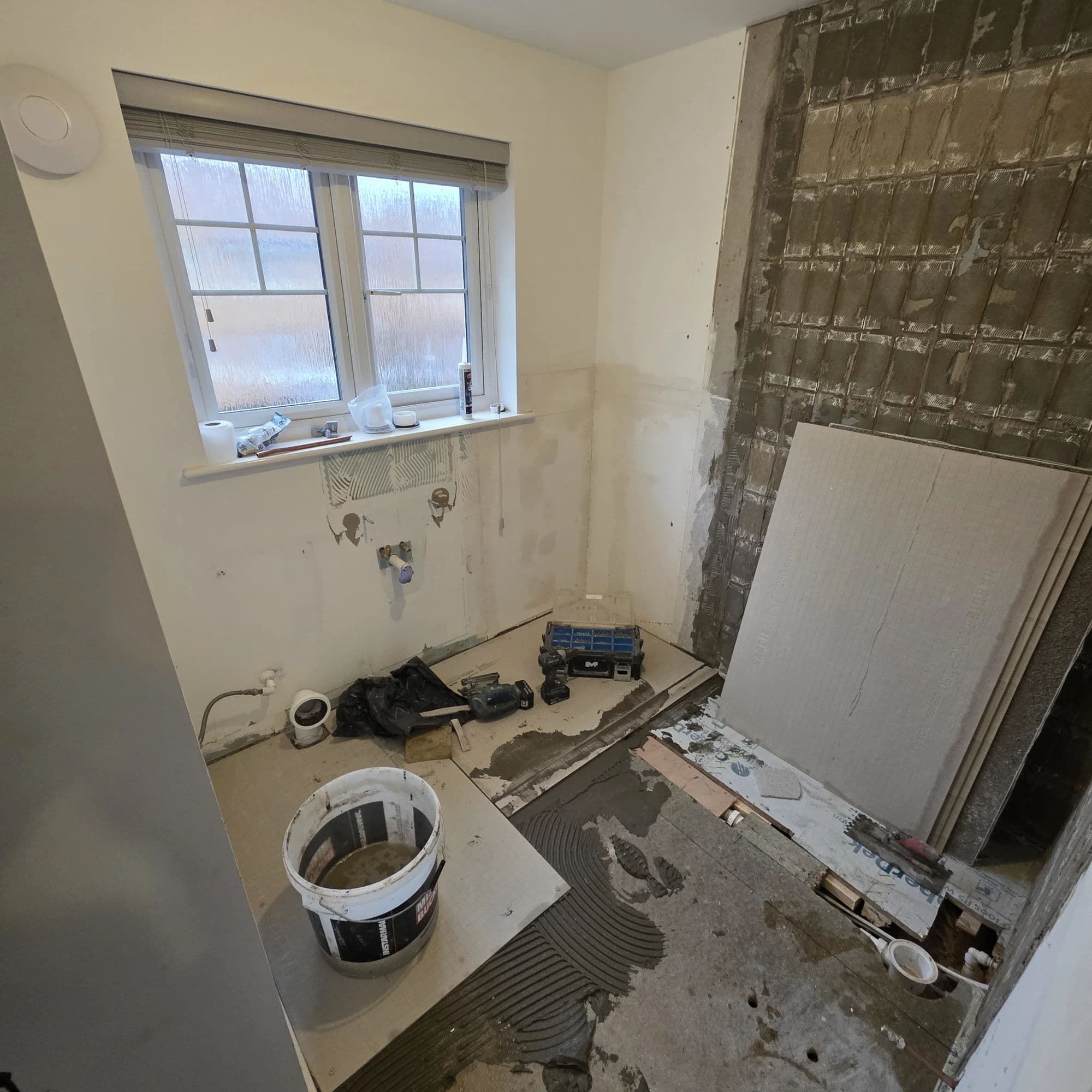 Hemlington Bathroom Refurbishment with Black-Framed Shower Screen in Middlesbrough — before work began. Services: Bathroom Installation, Bathroom Renovation, Bathroom Refurbishment, Shower Installation, Plumbing, Bathroom Tiling.