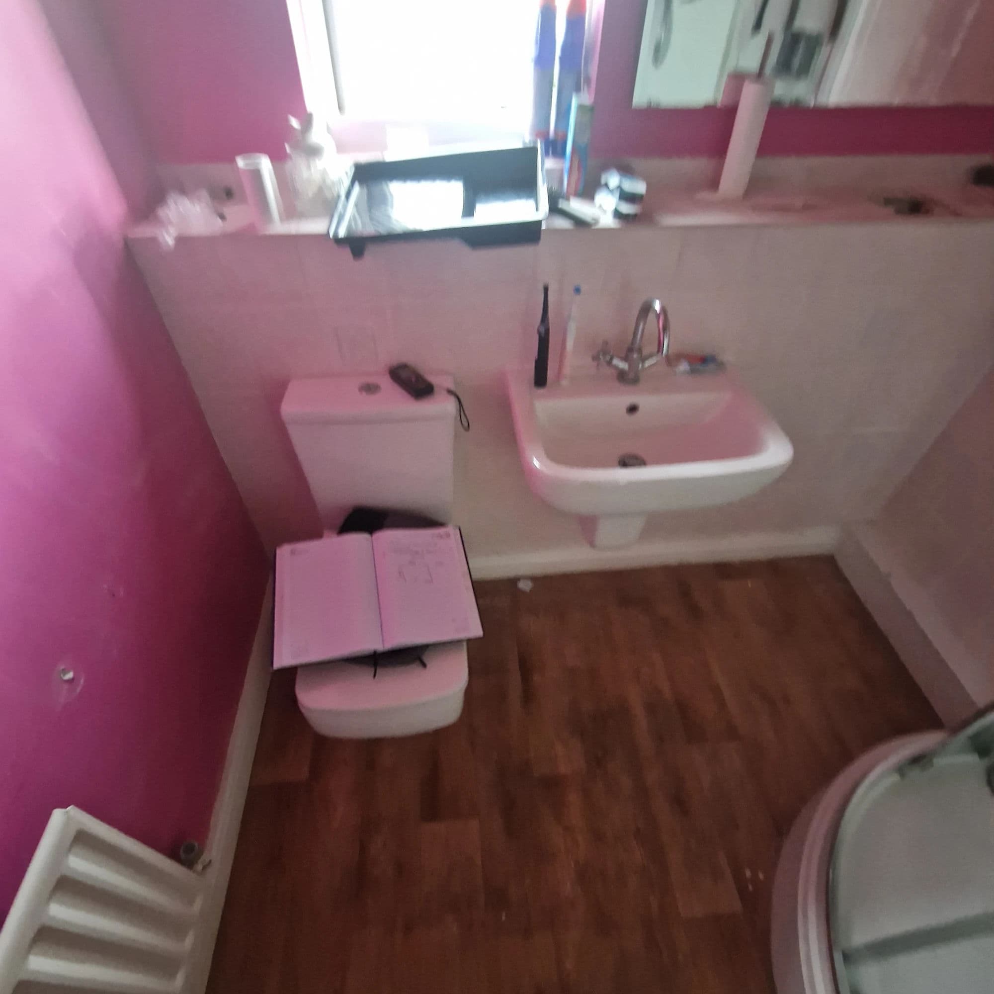 Ingleby Barwick Premium Bathroom Installation and Refurbishment with Over-Bath Shower in Ingleby Barwick — before work began. Services: Bathroom Installation, Bathroom Renovation, Bathroom Tiling, Bathtub Installation, Flooring, Plumbing, Lighting, Shower Installation.