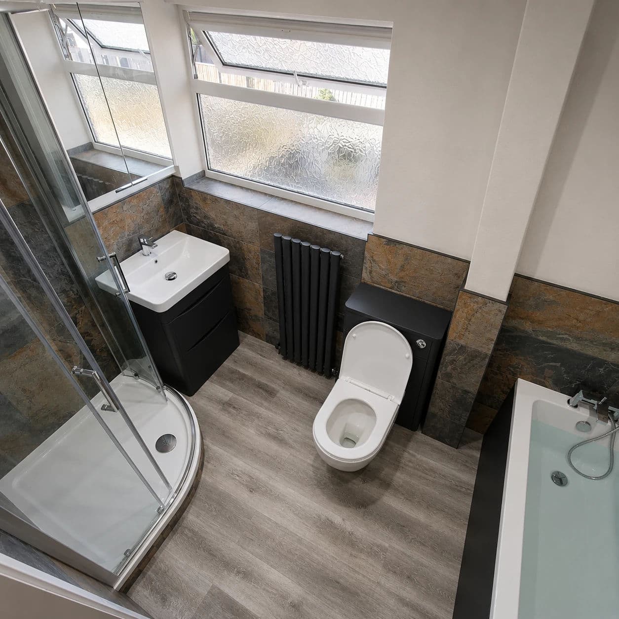 Yarm Premium Bathroom Installation and Refurbishment with Bath and Separate Shower in Yarm — after completion. Services: Bathroom Installation, Bathroom Renovation, Bathroom Tiling, Bathtub Installation, Flooring, Lighting, Plumbing, Shower Installation, Shower Room, Bathroom Refurbishment.
