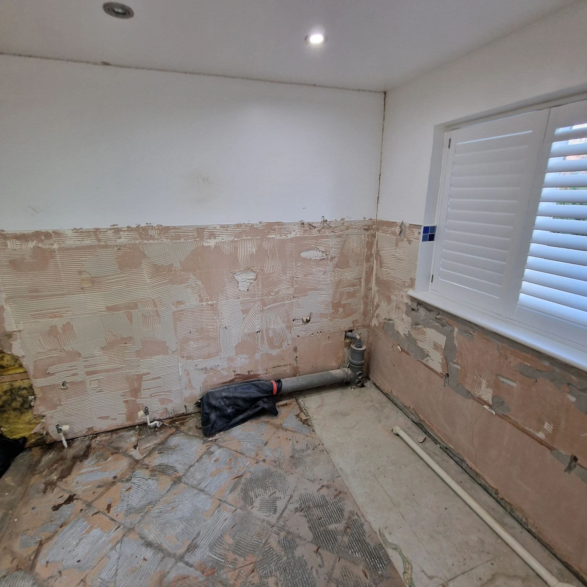 Yarm Luxury Bathroom Installation and Refurbishment with Walk-In Shower and Sauna in Yarm — before work began. Services: Bathroom Tiling, Lighting, Bathroom Renovation, Flooring, Plumbing, Shower Installation, Bathroom Installation, Shower Room, Bathroom Refurbishment.